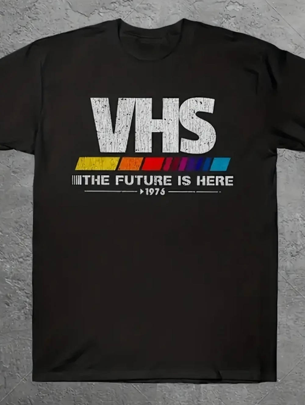 VHS "The Future Is Here" Graphic Tee - Black with Multicolor Stripes - Picture 2 of 3